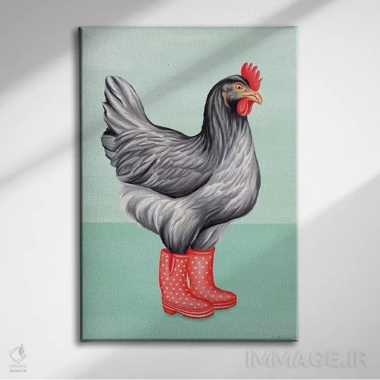 تابلو دکوراتیو مرغ با چکمه بارانی اثر آملی لگو - نمای روبهرو روی دیوار