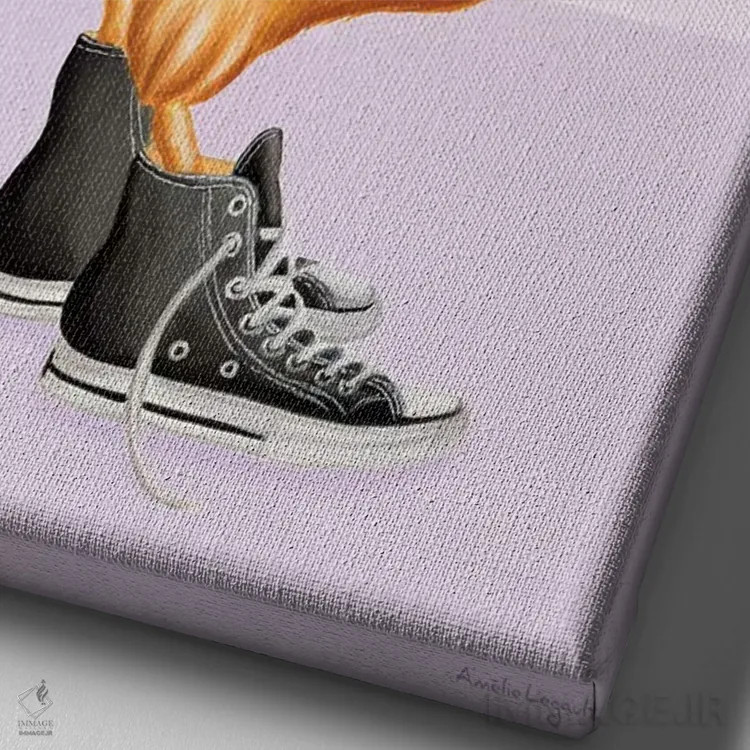 تابلو دکوراتیو مرغ با کفش کانورس اثر آملی لگو - نمای نزدیک بافت بوم