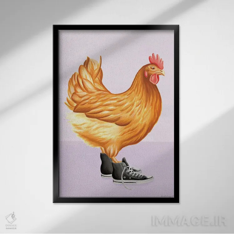 تابلو دکوراتیو مرغ با کفش کانورس اثر آملی لگو - نمای قابدار مشکی