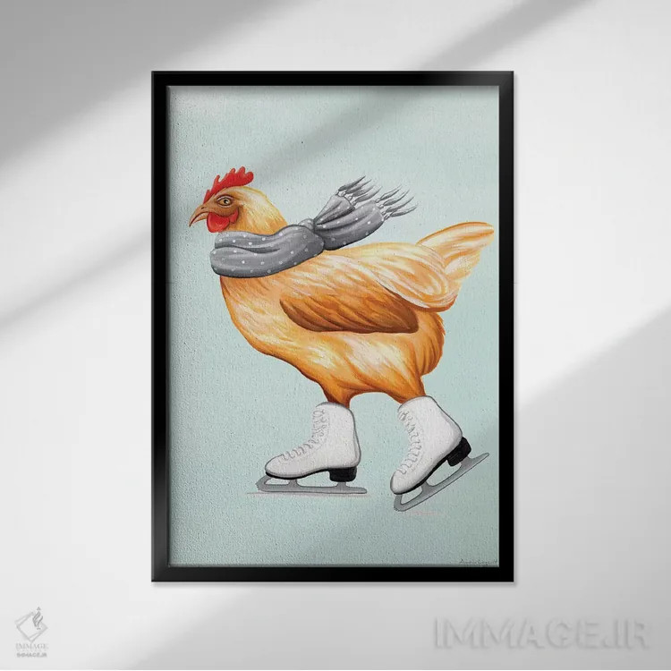 تابلو دکوراتیو مرغ با اسکیت روی یخ اثر آملی لگو - نمای قابدار مشکی