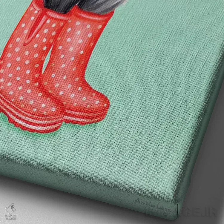 تابلو دکوراتیو مرغ با چکمه بارانی اثر آملی لگو - نمای نزدیک بافت بوم