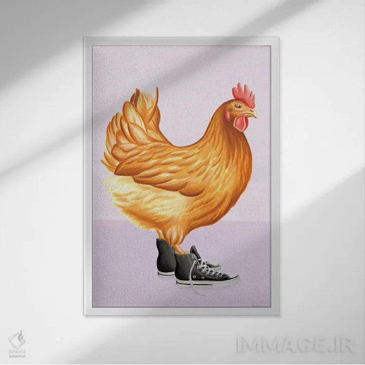 تابلو دکوراتیو مرغ با کفش کانورس اثر آملی لگو - نمای قابدار سفید