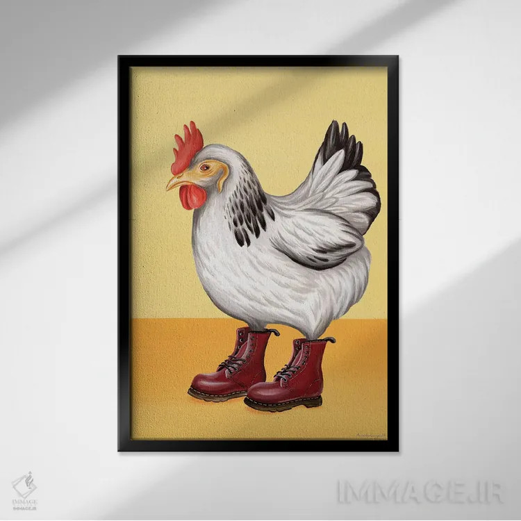 تابلو دکوراتیو مرغ با کفش داک مارتنز اثر آملی لگو - نمای قابدار مشکی