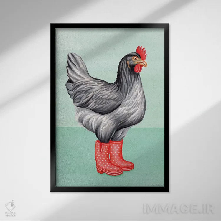 تابلو دکوراتیو مرغ با چکمه بارانی اثر آملی لگو - نمای قابدار مشکی