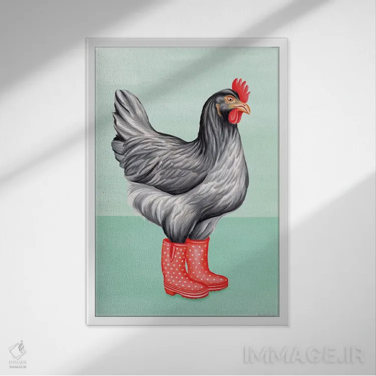 تابلو دکوراتیو مرغ با چکمه بارانی اثر آملی لگو - نمای قابدار سفید