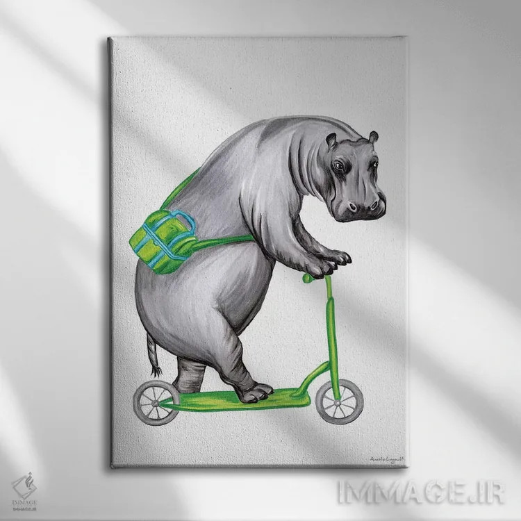 تابلو دکوراتیو اسب آبی روی دوچرخه اثر آملی لگو - نمای روبهرو روی دیوار