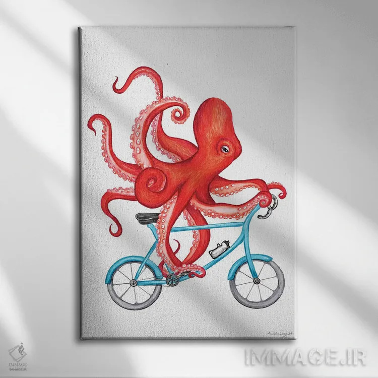 تابلو دکوراتیو هشت پا روی دوچرخه اثر آملی لگو - نمای روبهرو روی دیوار