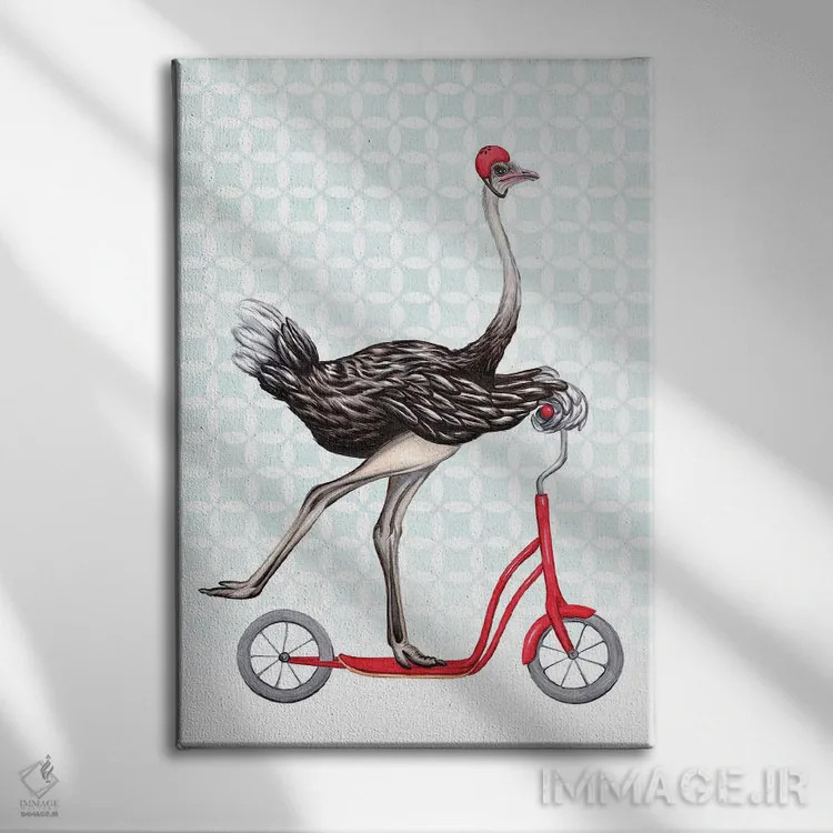 تابلو دکوراتیو شترمرغ روی دوچرخه اثر آملی لگو - نمای روبهرو روی دیوار