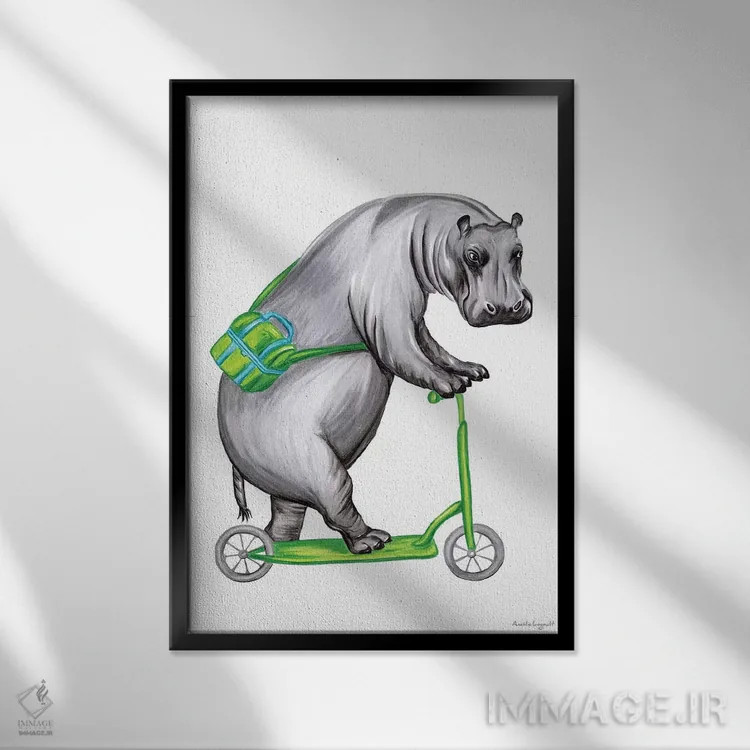 تابلو دکوراتیو اسب آبی روی دوچرخه اثر آملی لگو - نمای قابدار مشکی