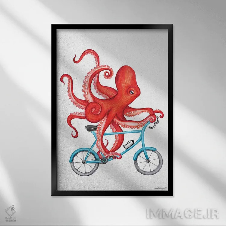 تابلو دکوراتیو هشت پا روی دوچرخه اثر آملی لگو - نمای قابدار مشکی
