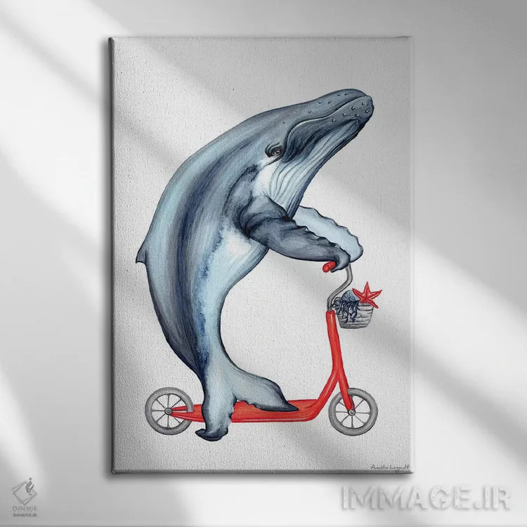 تابلو دکوراتیو نهنگ دوچرخه سوار اثر آملی لگو - نمای روبهرو روی دیوار