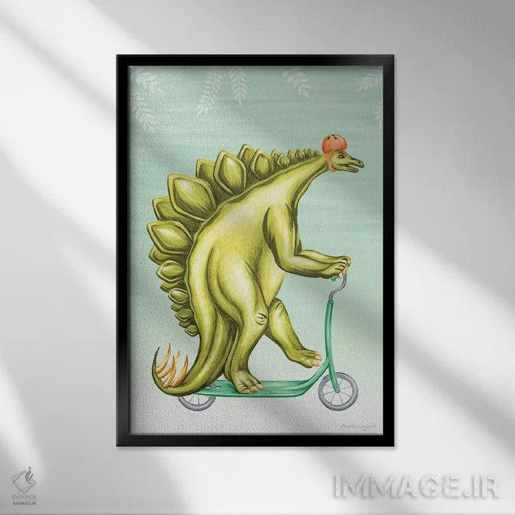 تابلو دکوراتیو استگوسور روی اسکوتر اثر آملی لگو - نمای قابدار مشکی