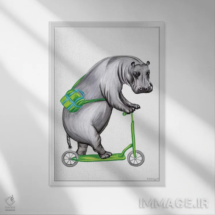 تابلو دکوراتیو اسب آبی روی دوچرخه اثر آملی لگو - نمای قابدار سفید