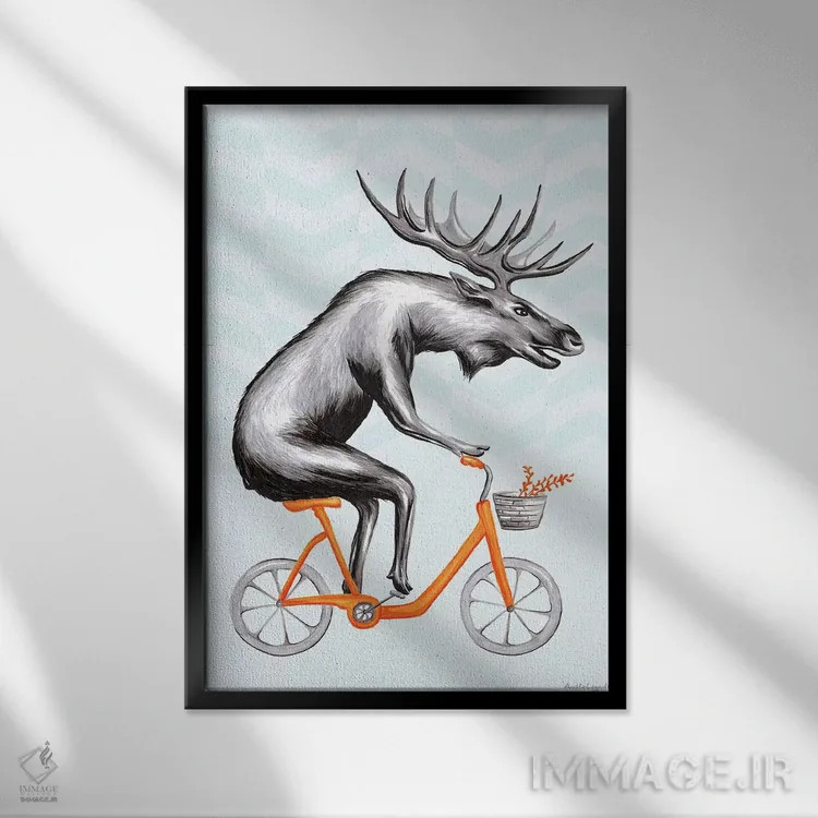 تابلو دکوراتیو گوزن شمالی روی دوچرخه اثر آملی لگو - نمای قابدار مشکی
