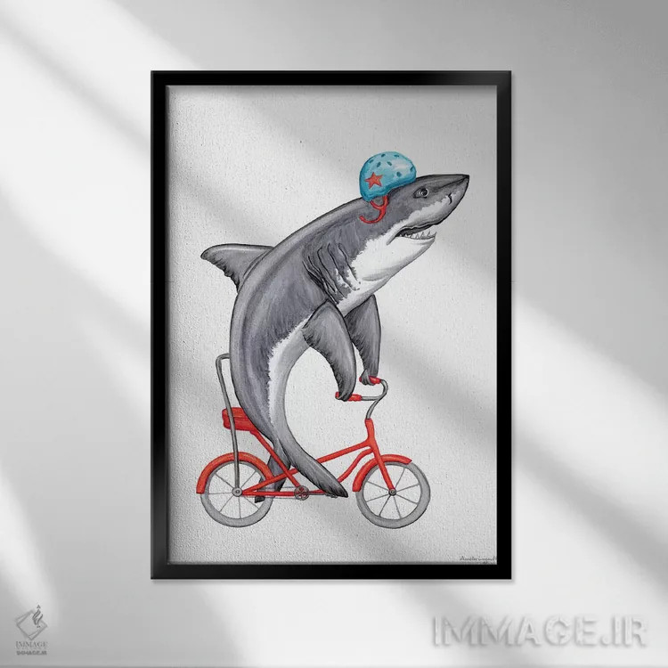 تابلو دکوراتیو کوسه روی دوچرخه اثر آملی لگو - نمای قابدار مشکی