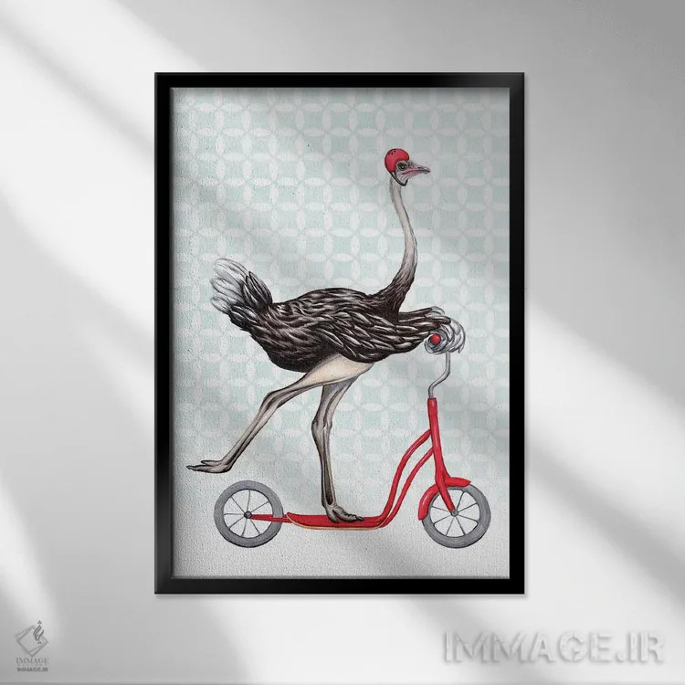 تابلو دکوراتیو شترمرغ روی دوچرخه اثر آملی لگو - نمای قابدار مشکی