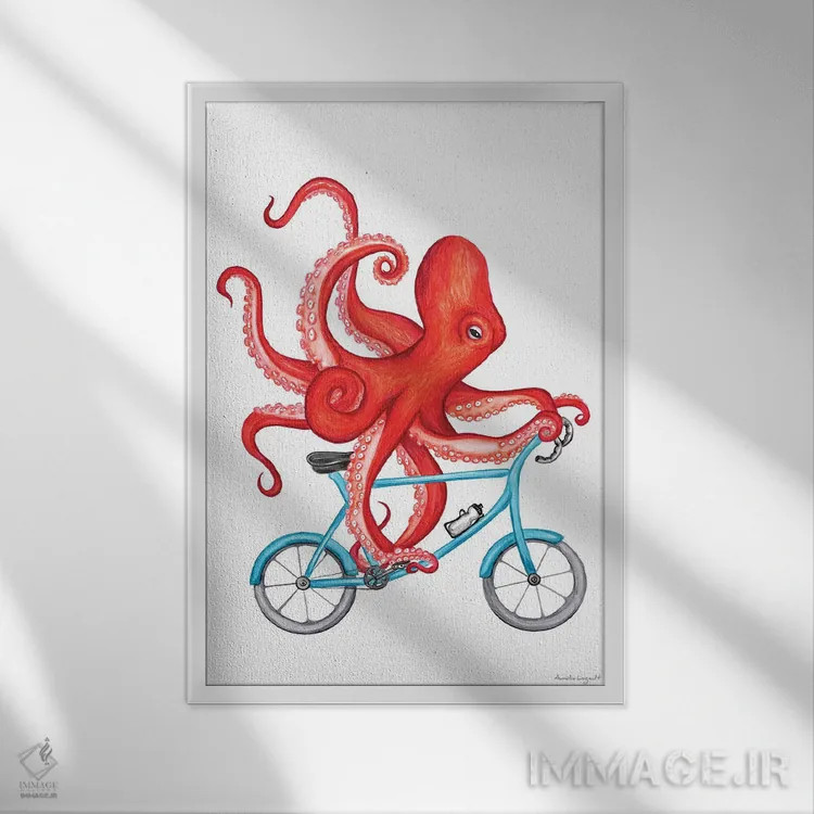 تابلو دکوراتیو هشت پا روی دوچرخه اثر آملی لگو - نمای قابدار سفید