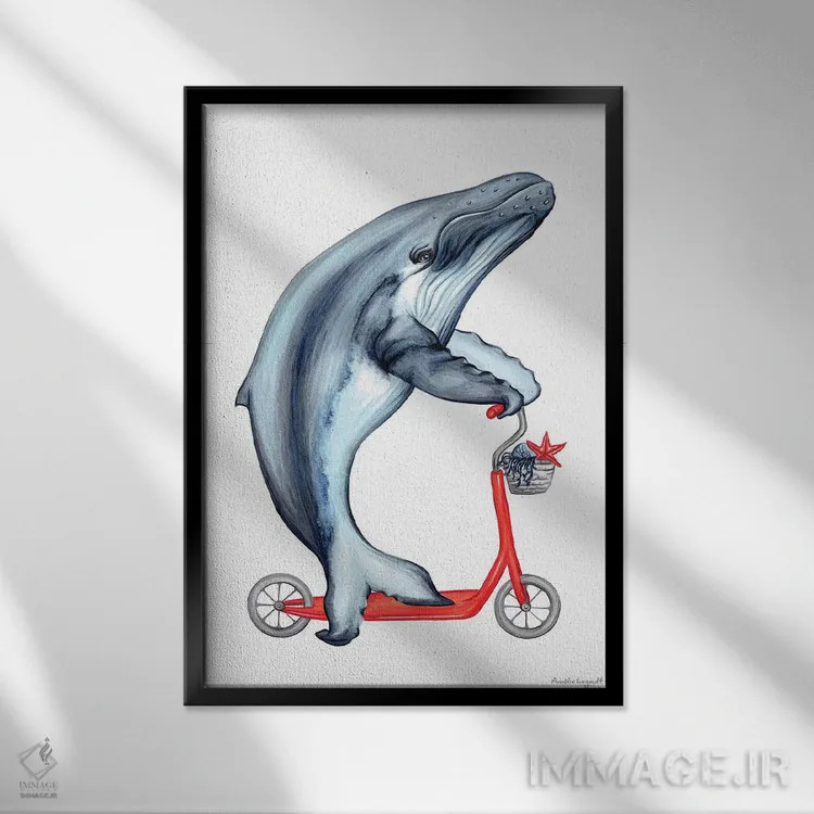 تابلو دکوراتیو نهنگ دوچرخه سوار اثر آملی لگو - نمای قابدار مشکی