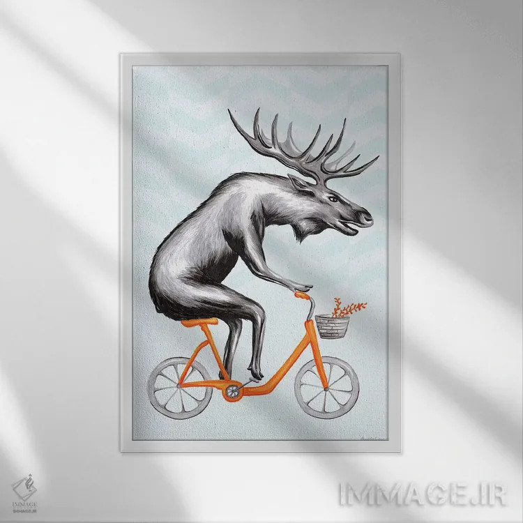 تابلو دکوراتیو گوزن شمالی روی دوچرخه اثر آملی لگو - نمای قابدار سفید