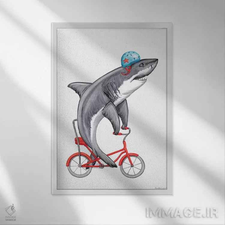 تابلو دکوراتیو کوسه روی دوچرخه اثر آملی لگو - نمای قابدار سفید