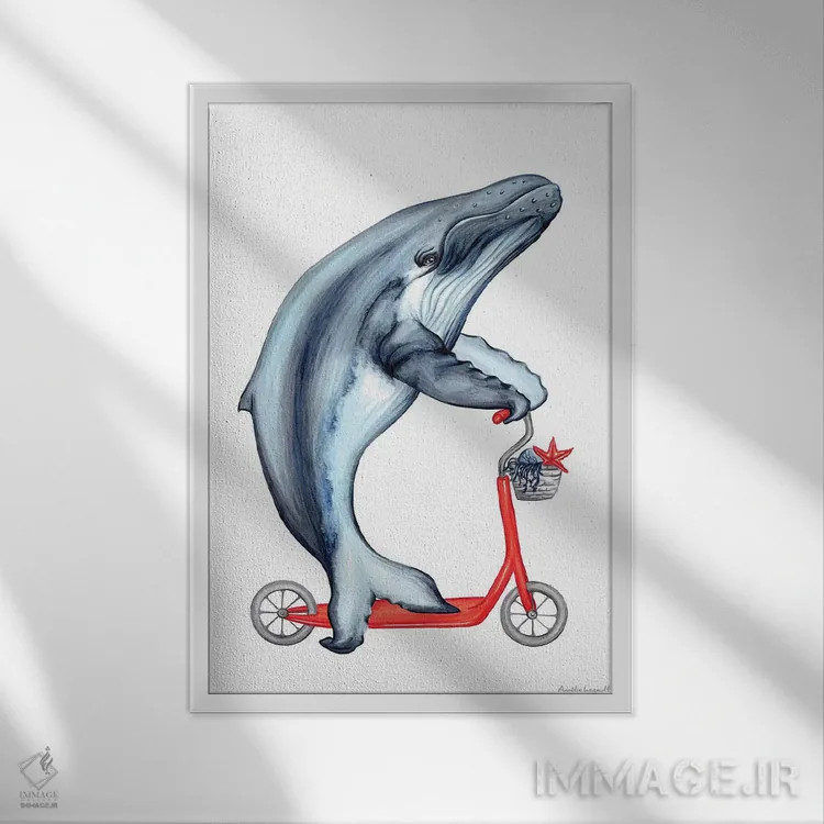 تابلو دکوراتیو نهنگ دوچرخه سوار اثر آملی لگو - نمای قابدار سفید