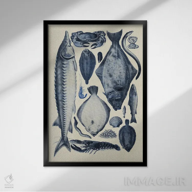 تابلو دکوراتیو نمودار ماهی آبی ۲ اثر آلیشیا لانگلی - نمای قابدار مشکی