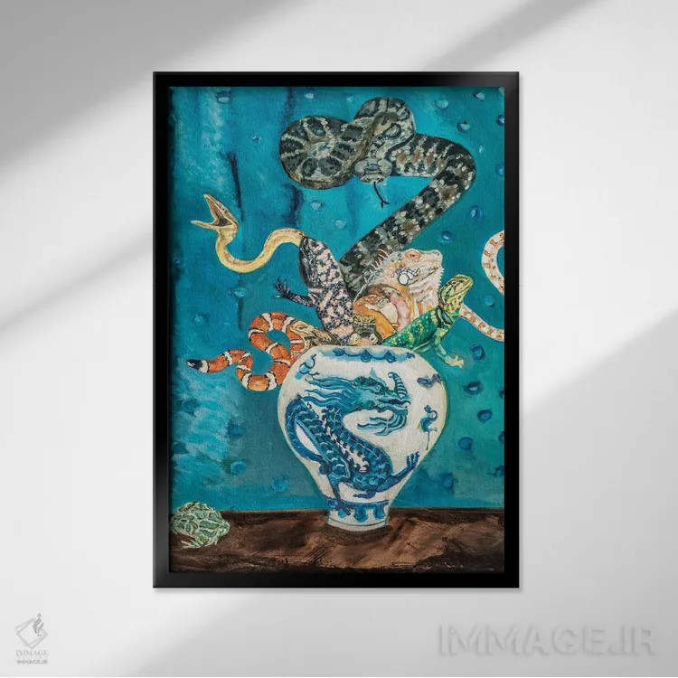 تابلو دکوراتیو طبیعت بی جان خزندگان اثر لیزا گلدفارب - نمای قابدار مشکی