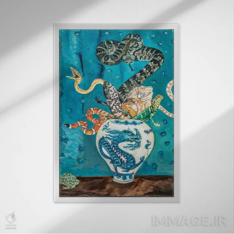 تابلو دکوراتیو طبیعت بی جان خزندگان اثر لیزا گلدفارب - نمای قابدار سفید