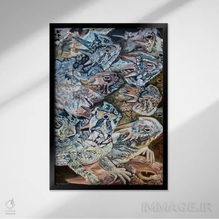 تابلو دکوراتیو تهاجم مارمولک های شاخدار اثر لیزا گلدفارب - نمای قابدار مشکی