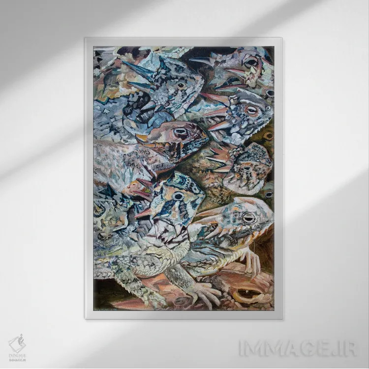 تابلو دکوراتیو تهاجم مارمولک های شاخدار اثر لیزا گلدفارب - نمای قابدار سفید