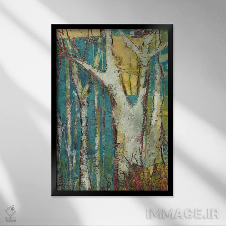 تابلو انتزاعی در میان درختان آسپن اثر لوری هاف - نمای قابدار مشکی