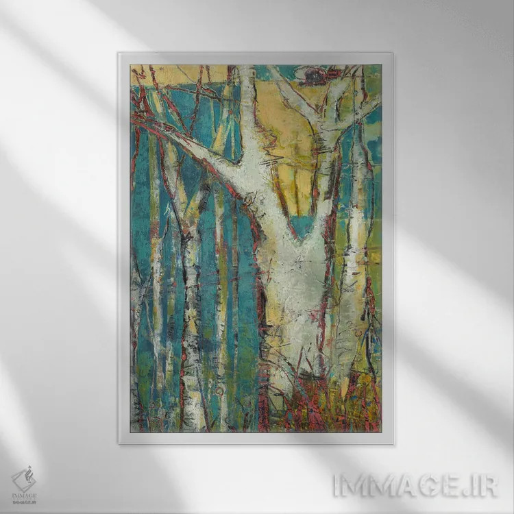 تابلو انتزاعی در میان درختان آسپن اثر لوری هاف - نمای قابدار سفید