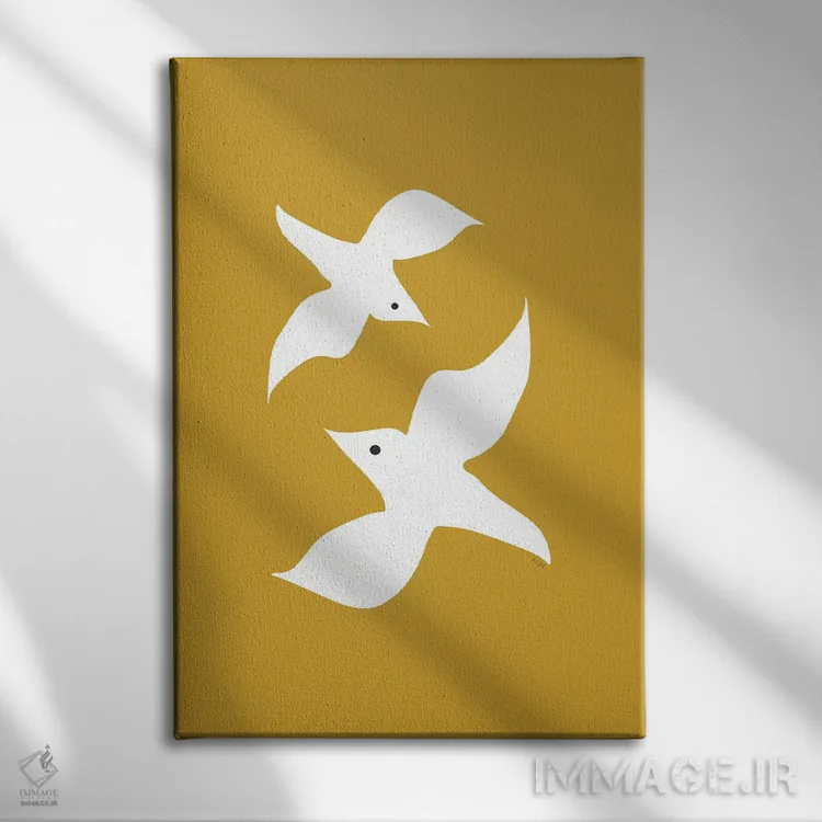 تابلو مینیمال مرغان عاشق خردلی اثر لیندا گوبتا - نمای روبهرو روی دیوار