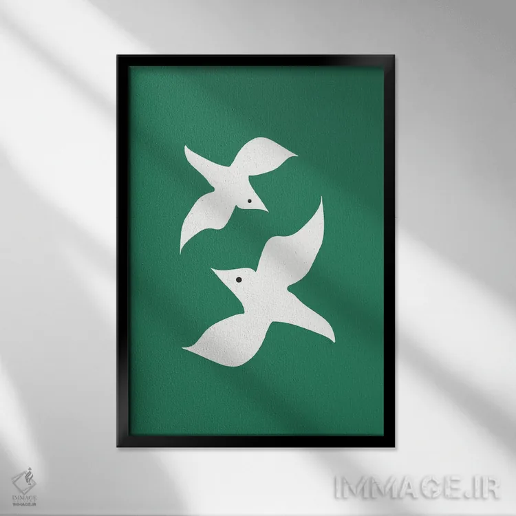 تابلو مینیمال مرغان عاشق سبز اثر لیندا گوبتا - نمای قابدار مشکی