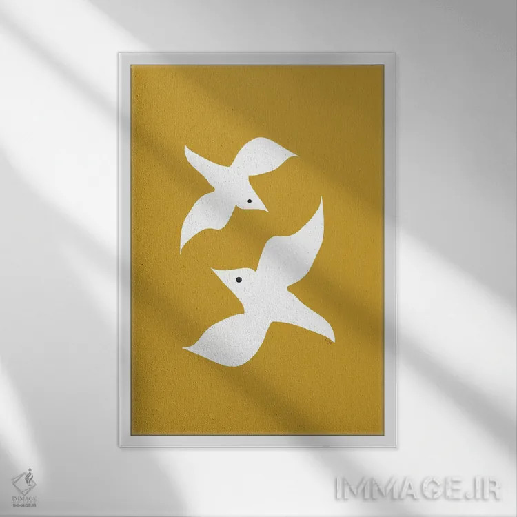تابلو مینیمال مرغان عاشق خردلی اثر لیندا گوبتا - نمای قابدار سفید