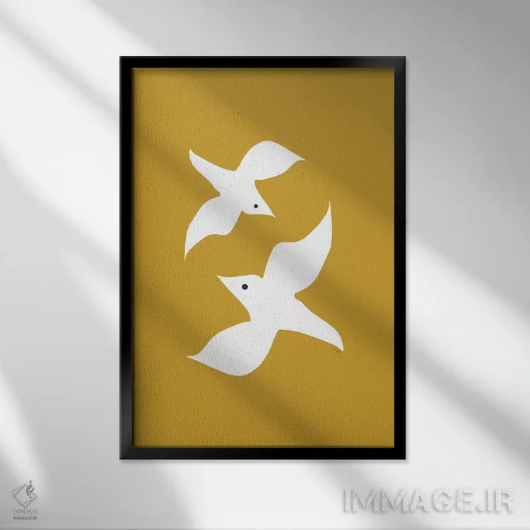 تابلو مینیمال مرغان عاشق خردلی اثر لیندا گوبتا - نمای قابدار مشکی