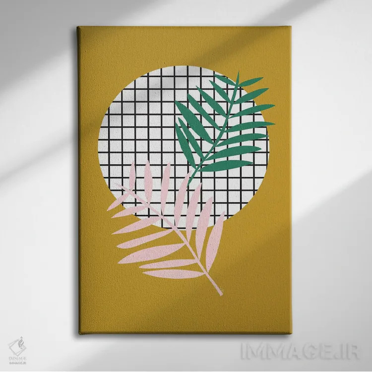 تابلو مینیمال برگ های نخل خردلی اثر لیندا گوبتا - نمای روبهرو روی دیوار