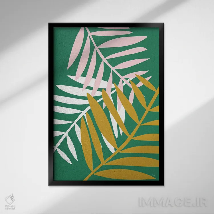 تابلو مینیمال برگ های نخل سبز اثر لیندا گوبتا - نمای قابدار مشکی