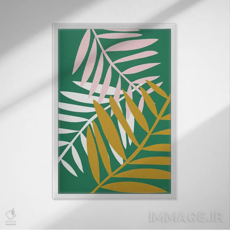 تابلو مینیمال برگ های نخل سبز اثر لیندا گوبتا - نمای قابدار سفید