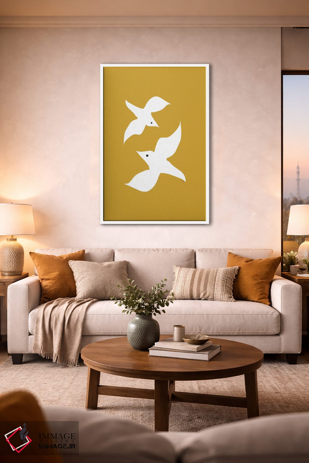 تابلو مینیمال مرغان عاشق خردلی اثر لیندا گوبتا - D1W