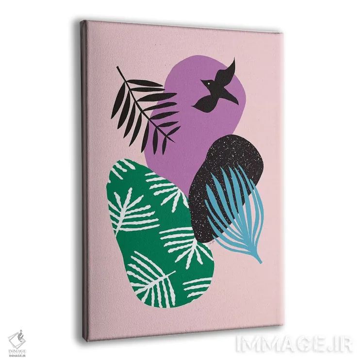 تابلو مینیمال پرندگان گرمسیری در میان صورتی ها اثر لیندا گوبتا - نمای پرسپکتیو محصول