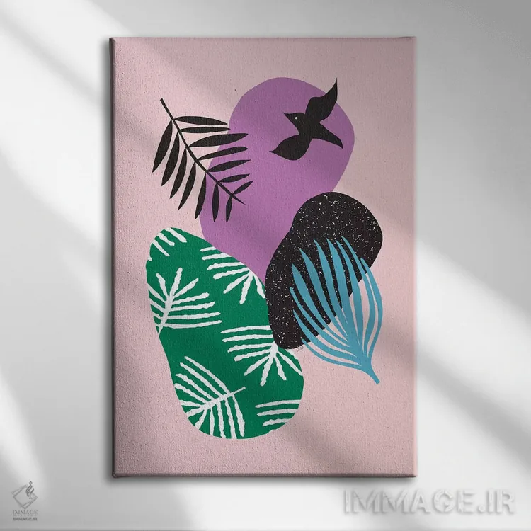 تابلو مینیمال پرندگان گرمسیری در میان صورتی ها اثر لیندا گوبتا - نمای روبهرو روی دیوار