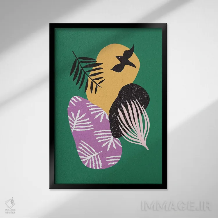 تابلو مینیمال پرندگان گرمسیری در میان سبزه ها اثر لیندا گوبتا - نمای قابدار مشکی