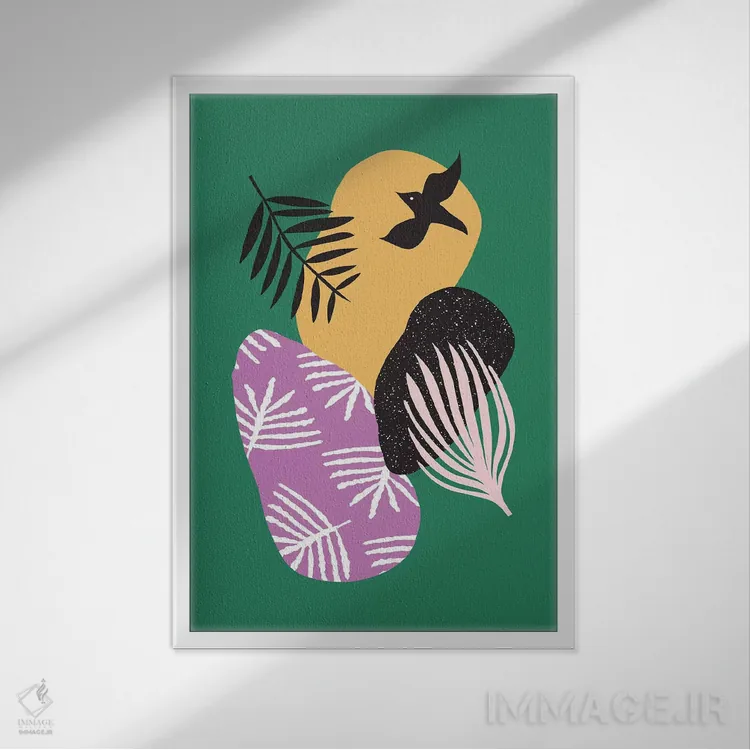 تابلو مینیمال پرندگان گرمسیری در میان سبزه ها اثر لیندا گوبتا - نمای قابدار سفید