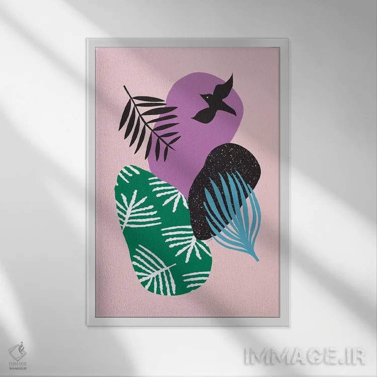 تابلو مینیمال پرندگان گرمسیری در میان صورتی ها اثر لیندا گوبتا - نمای قابدار سفید