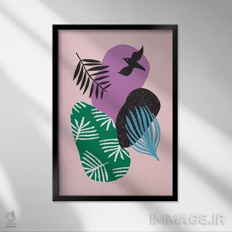 تابلو مینیمال پرندگان گرمسیری در میان صورتی ها اثر لیندا گوبتا - نمای قابدار مشکی