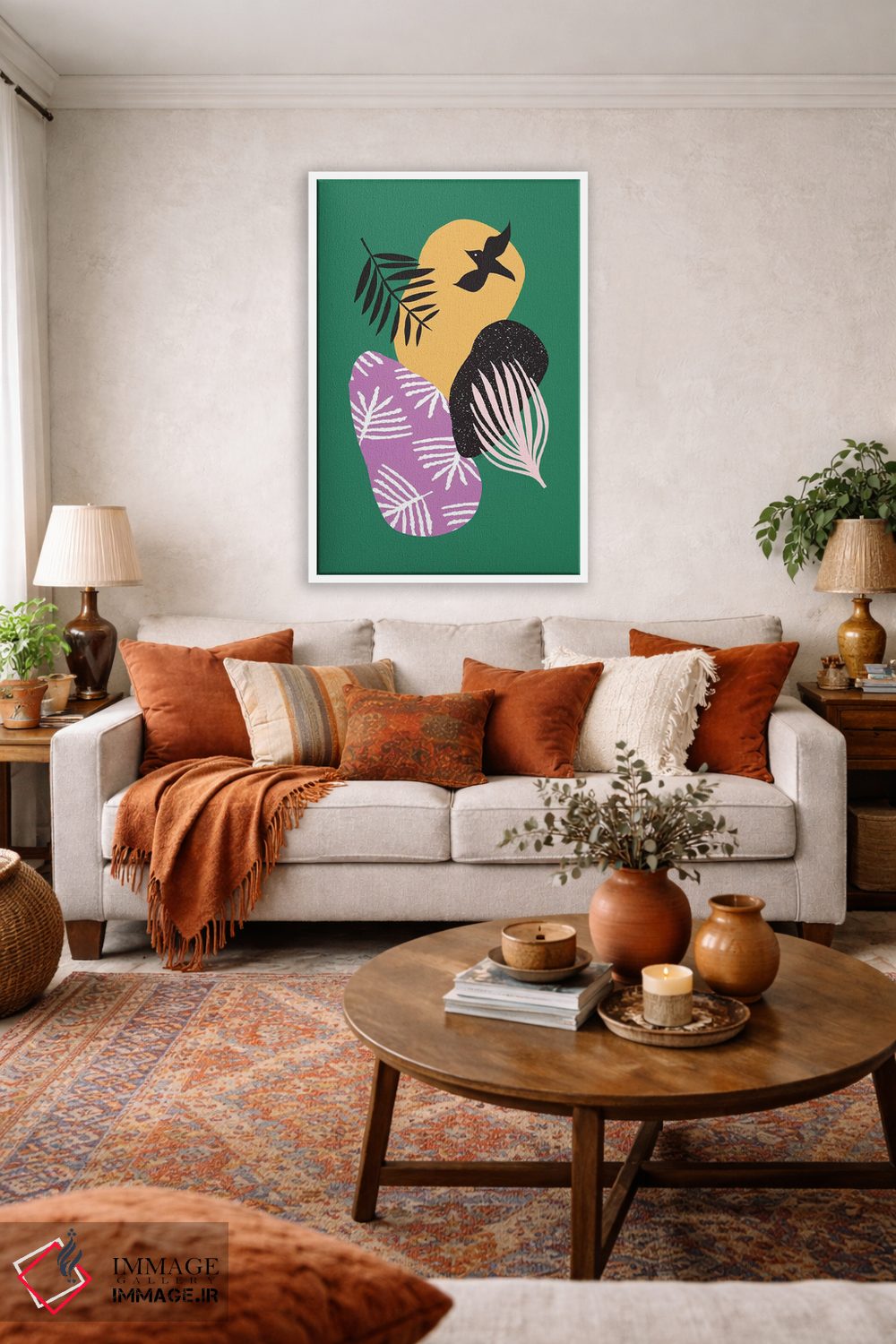 تابلو مینیمال پرندگان گرمسیری در میان سبزه ها اثر لیندا گوبتا - D2W