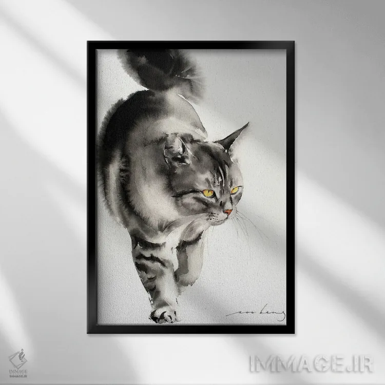 تابلو دکوراتیو راه رفتن گربه ۵ اثر سو بنگ لیم - نمای قابدار مشکی