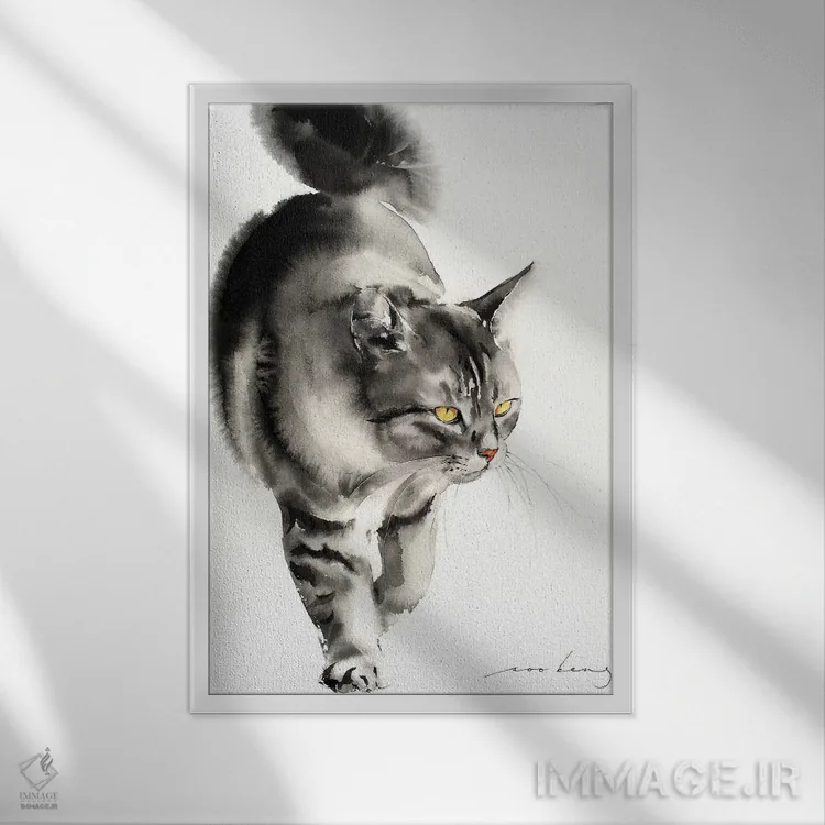 تابلو دکوراتیو راه رفتن گربه ۵ اثر سو بنگ لیم - نمای قابدار سفید