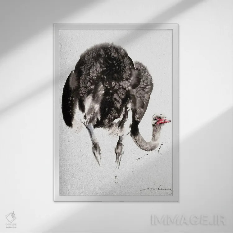 تابلو دکوراتیو شترمرغ اثر سو بنگ لیم - نمای قابدار سفید